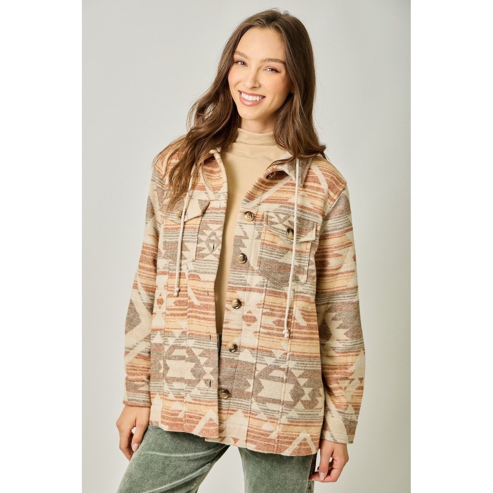 Mystree Womens Aztec Hooded Jacket Small Tan Rust Geometric Southwestern Shacket